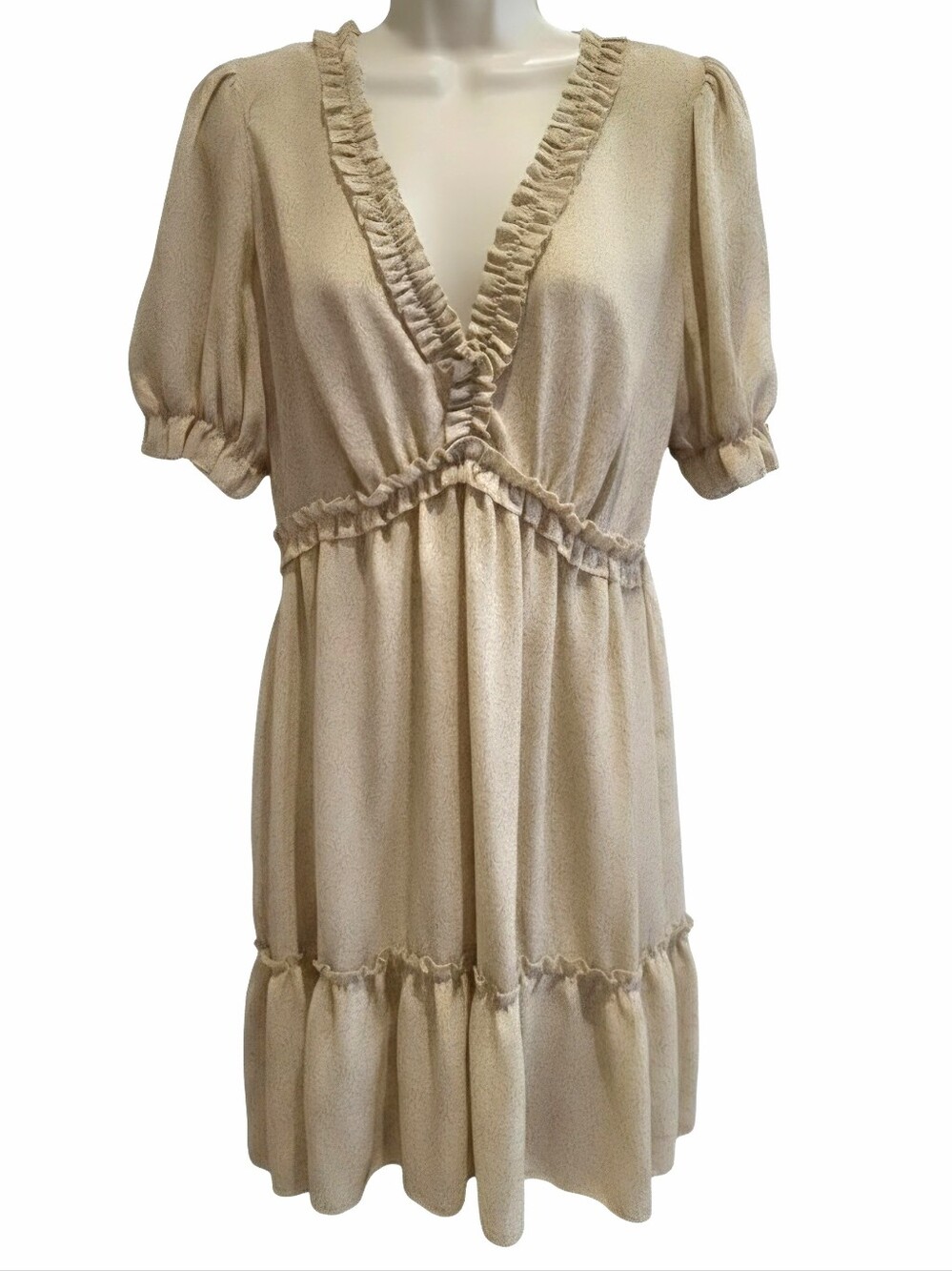 Ruffled V-Neck Cream Mini Dress